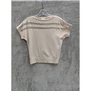 Sioni Mesh Stripe Knit Top Womens XS Beige Short Sleeve Minimalist